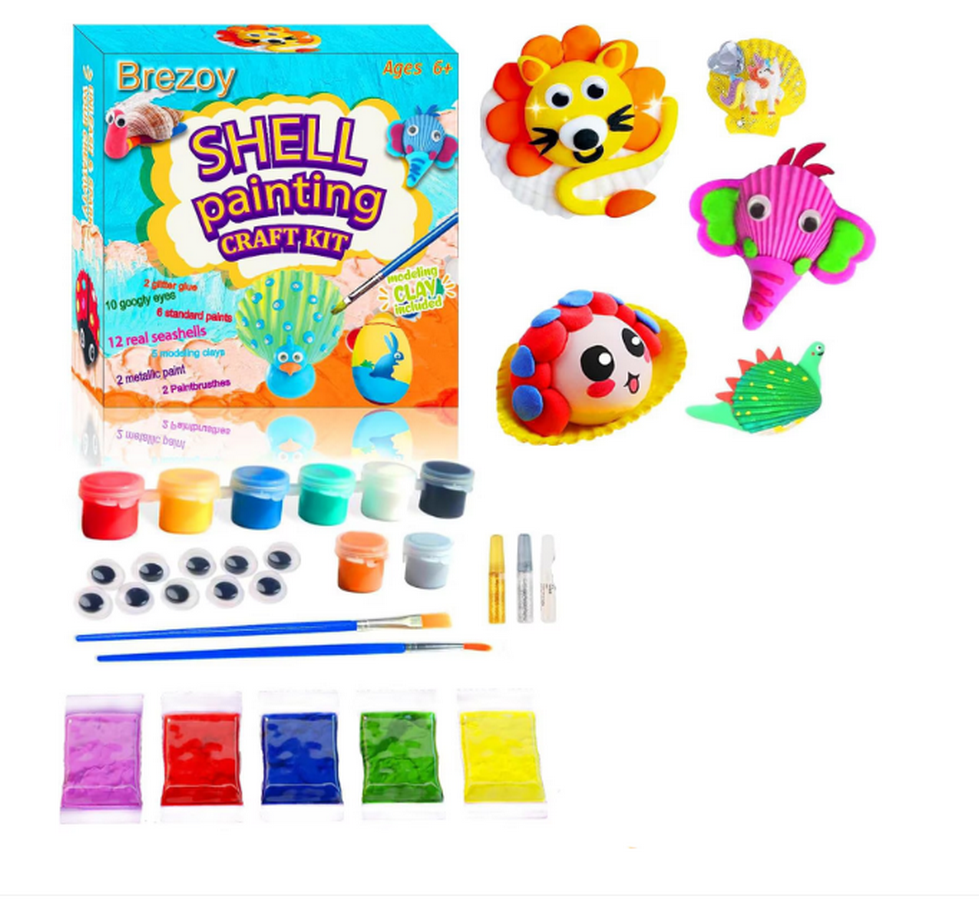 Set Creativ Handmade Brezoy, 12 Proiecte DIY cu Scoici Naturale, Vopsele și Lut, Activitate Artistică pentru Copii 6 Ani + [2]