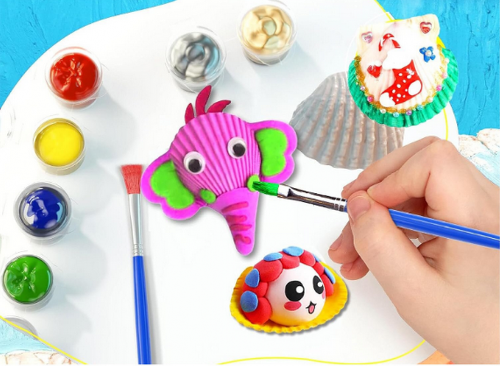 Set Creativ Handmade Brezoy, 12 Proiecte DIY cu Scoici Naturale, Vopsele și Lut, Activitate Artistică pentru Copii 6 Ani + [3]
