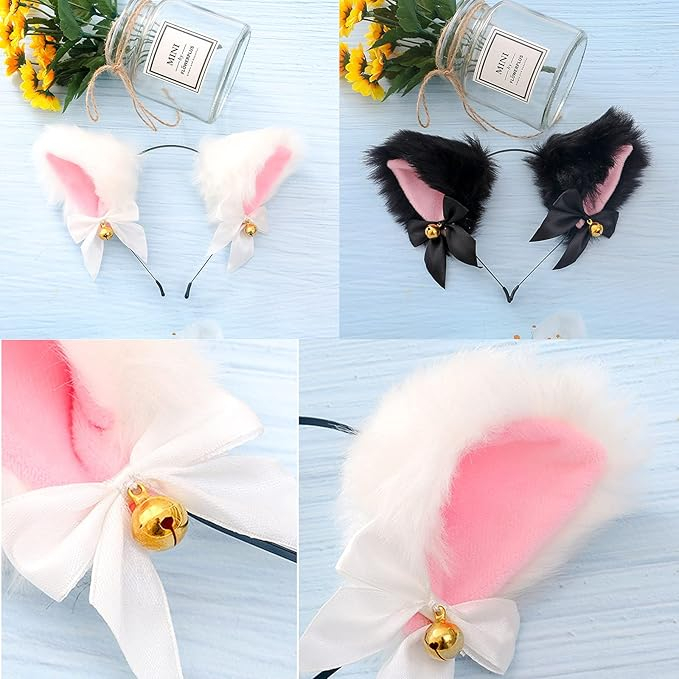 Set de 2 Benzi de Păr cu Urechi de Pisică și Vulpe, cu Clopoței și Fundițe, Accesorii Cosplay pentru Copii și Adulți, Petreceri și Halloween, D5L7 [3]