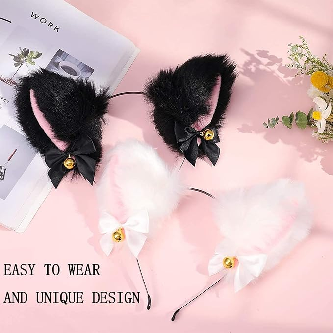 Set de 2 Benzi de Păr cu Urechi de Pisică și Vulpe, cu Clopoței și Fundițe, Accesorii Cosplay pentru Copii și Adulți, Petreceri și Halloween, D5L7 [7]