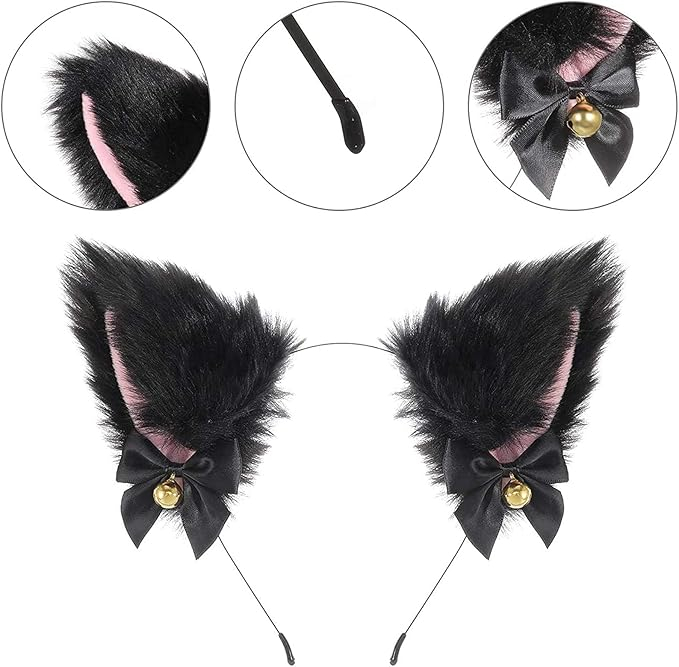 Set de 2 Benzi de Păr cu Urechi de Pisică și Vulpe, cu Clopoței și Fundițe, Accesorii Cosplay pentru Copii și Adulți, Petreceri și Halloween, D5L7 [6]