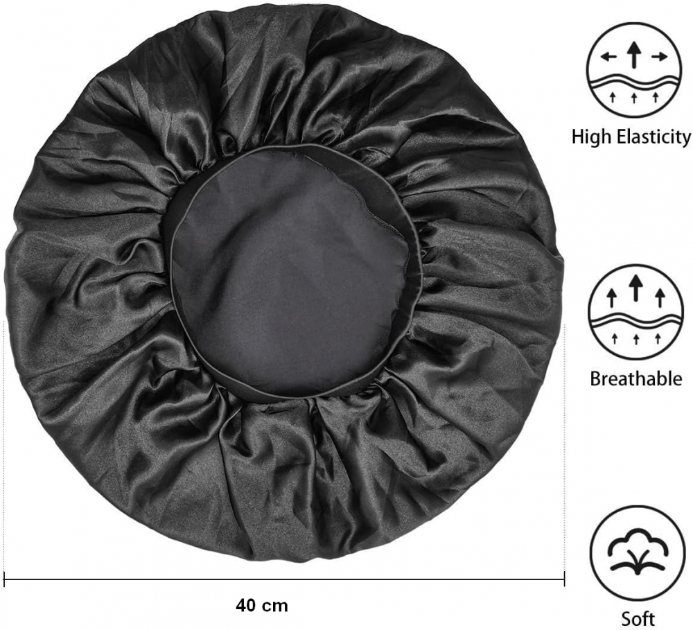 Set de 2 Bonete din Satin pentru Somn, cu Bandă Elastică Lată, negru/violet [2]