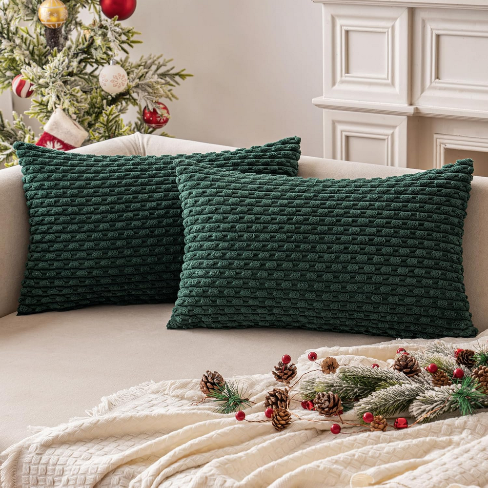 Set de 2 fețe de pernă decorative, din catifea corduroy moale și cu stil rustic boem cu dungi, MIULEE, 30 x 50 cm, verde militar [2]