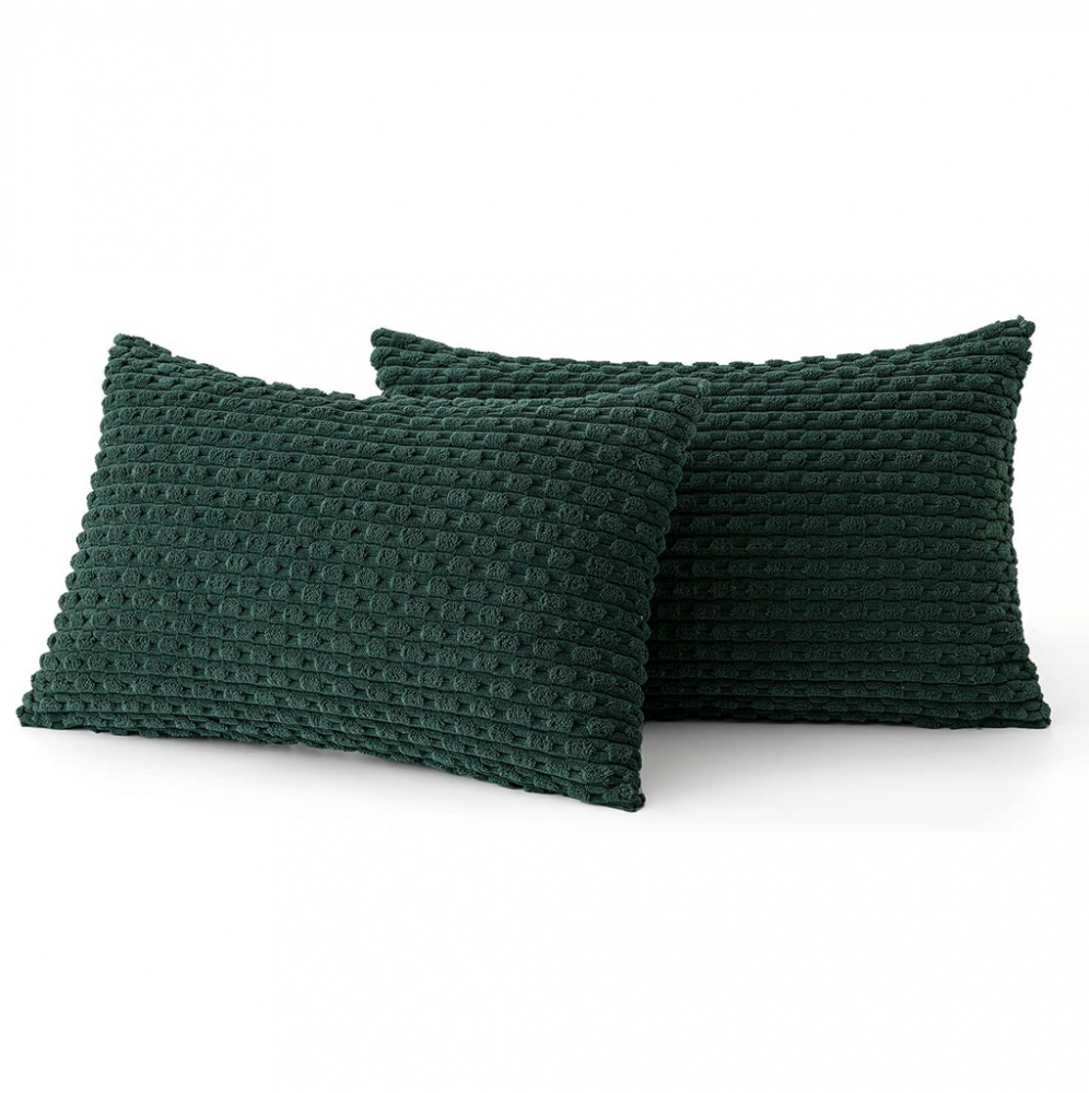Set de 2 fețe de pernă decorative, din catifea corduroy moale și cu stil rustic boem cu dungi, MIULEE, 30 x 50 cm, verde militar [1]