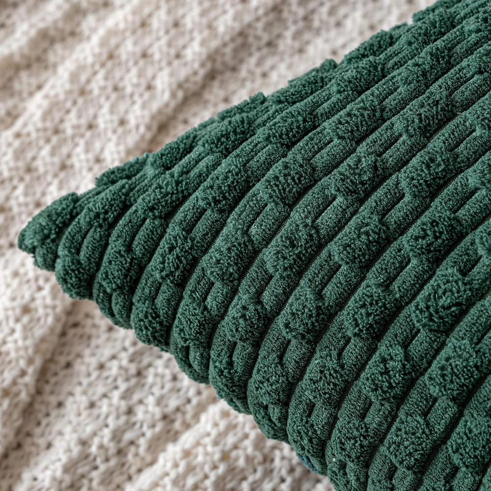Set de 2 fețe de pernă decorative, din catifea corduroy moale și cu stil rustic boem cu dungi, MIULEE, 30 x 50 cm, verde militar [5]