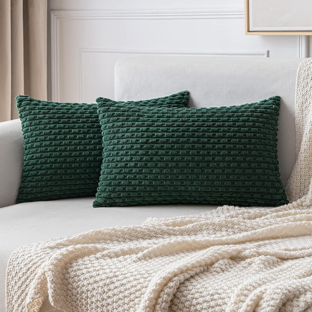 Set de 2 fețe de pernă decorative, din catifea corduroy moale și cu stil rustic boem cu dungi, MIULEE, 30 x 50 cm, verde militar [3]