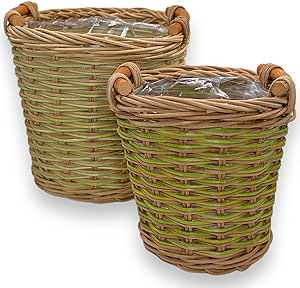 Set de 2 Ghivece MIJOMA din Ratan cu Inserție din Plastic și Mânere, 16.5 x 14 cm și 13 x 10.5 cm, Maro/Bej [7]