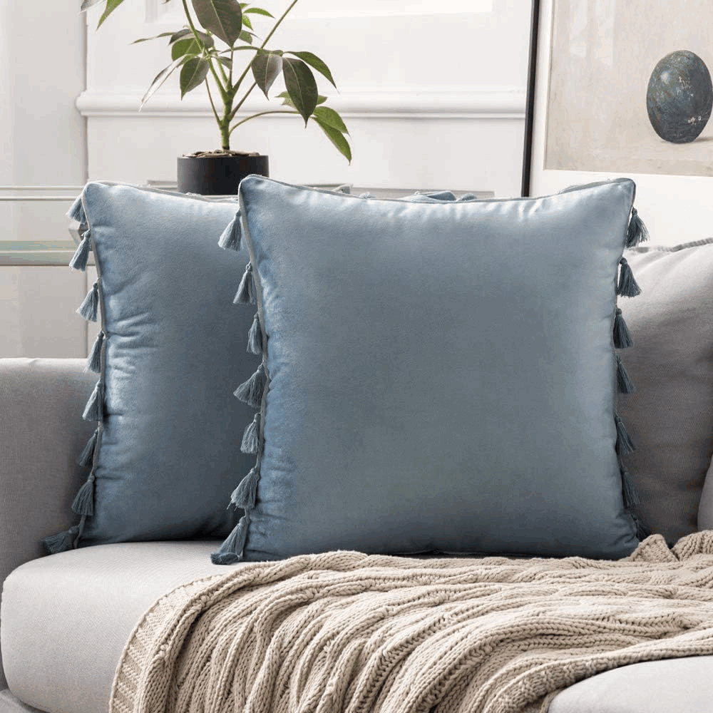 Set de 2 huse de perna din catifea cu ciucuri, MIULEE, decorative si moi, pentru living, canapea, dormitor, cu fermoar invizibil, 45 x 45 cm, gri, E3IN [2]