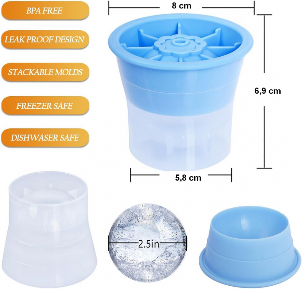 Set de 2 pahare pentru whisky, 2 forme penstru gheata si 2 suporturi, Lighten Life, sticla/plastic, transparent/albastru, 286 ml [2]