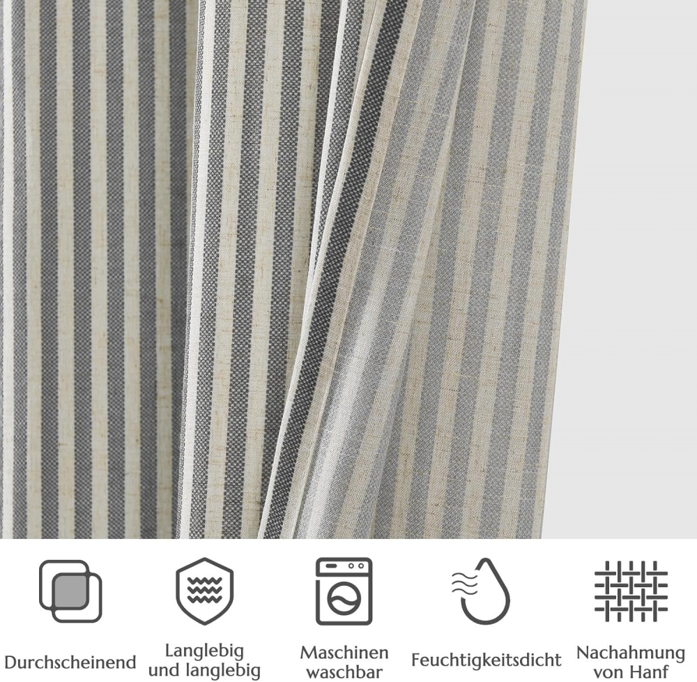 Set de 2 perdele din in TOPICK, cu dungi și inele, gri/bej, 140 x 145 cm [4]