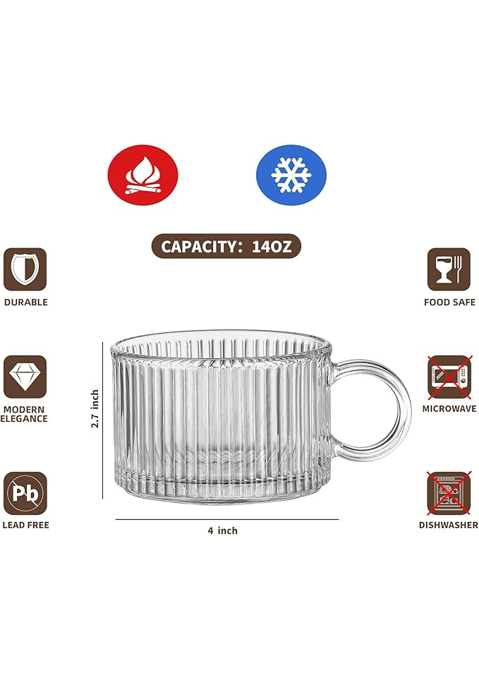 Set de 4 Cani de Cafea din Sticla cu Design Vintage - 400ml [6]