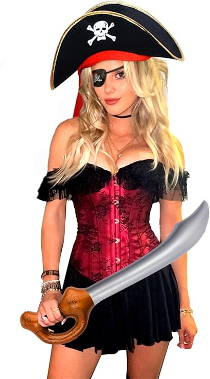 Set de 6 Accesorii de Pirat eVenis pentru Femei, Pachet Complet cu Pălărie, Sabie, Petic pentru Ochi, Bandană, Colier și Cercei, 13T3 [2]