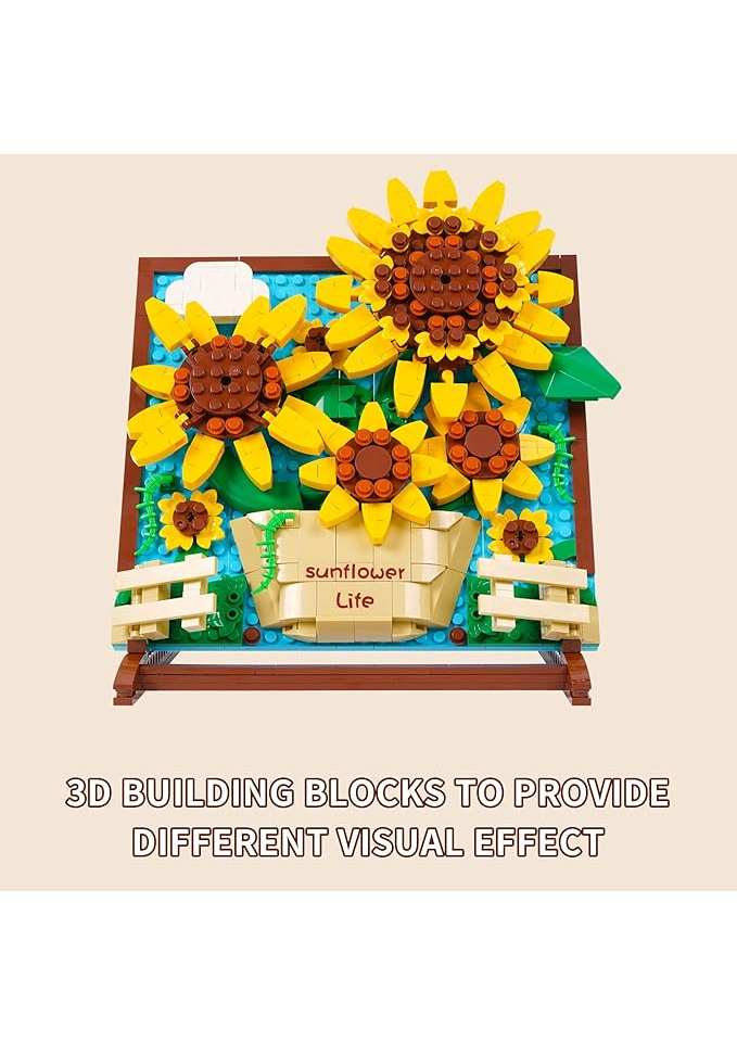 Set de Construcție 3D, Floarea-Soarelui, 580+ Piese, Jucărie Creativă pentru Copii și Adulți, Tematică Florală [4]