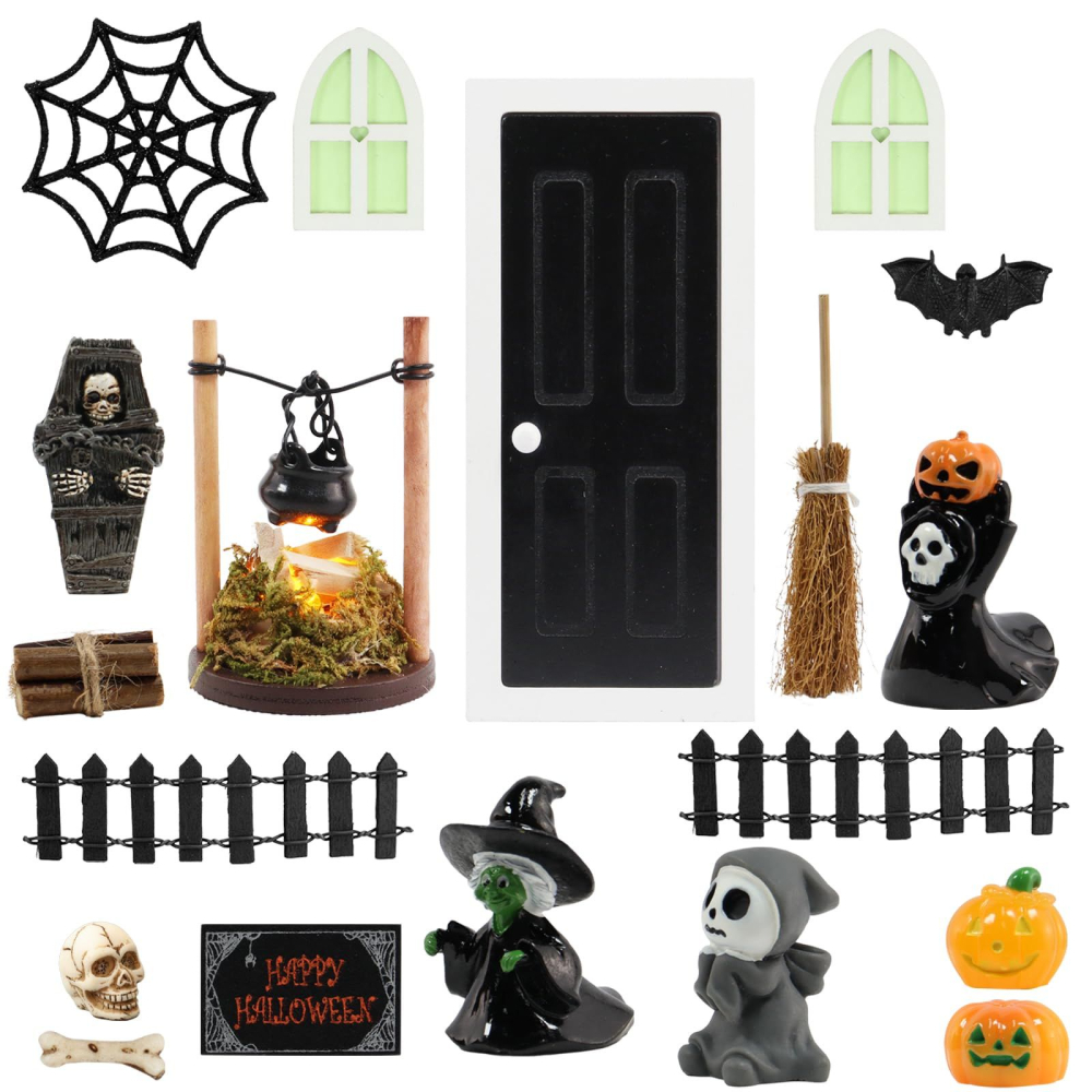Set decor Halloween miniatura DIY cu usa, sicriu, dovleci si accesorii spooky [1]