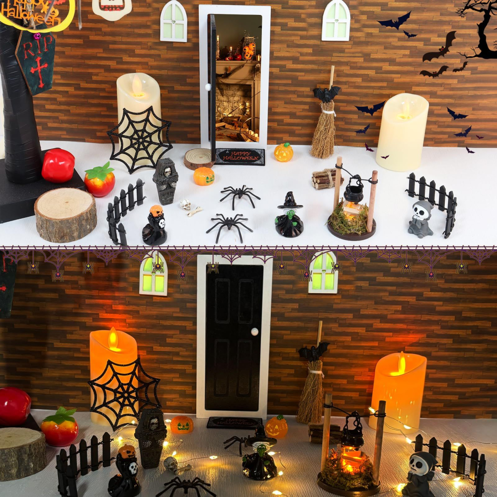 Set decor Halloween miniatura DIY cu usa, sicriu, dovleci si accesorii spooky [4]