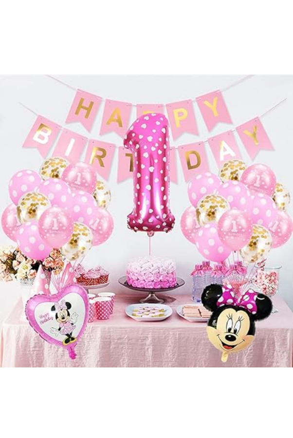 Set Decorațiuni Aniversare Tematică Minnie, Ideal pentru zi de nastere 1 an sau Baby Shower, Roz [6]