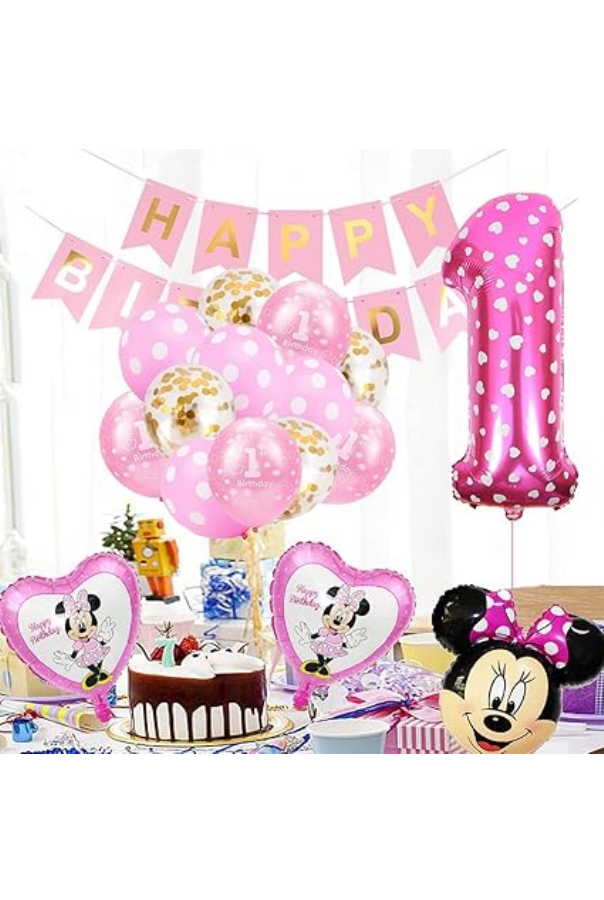 Set Decorațiuni Aniversare Tematică Minnie, Ideal pentru zi de nastere 1 an sau Baby Shower, Roz [5]