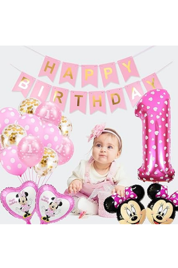 Set Decorațiuni Aniversare Tematică Minnie, Ideal pentru zi de nastere 1 an sau Baby Shower, Roz [3]