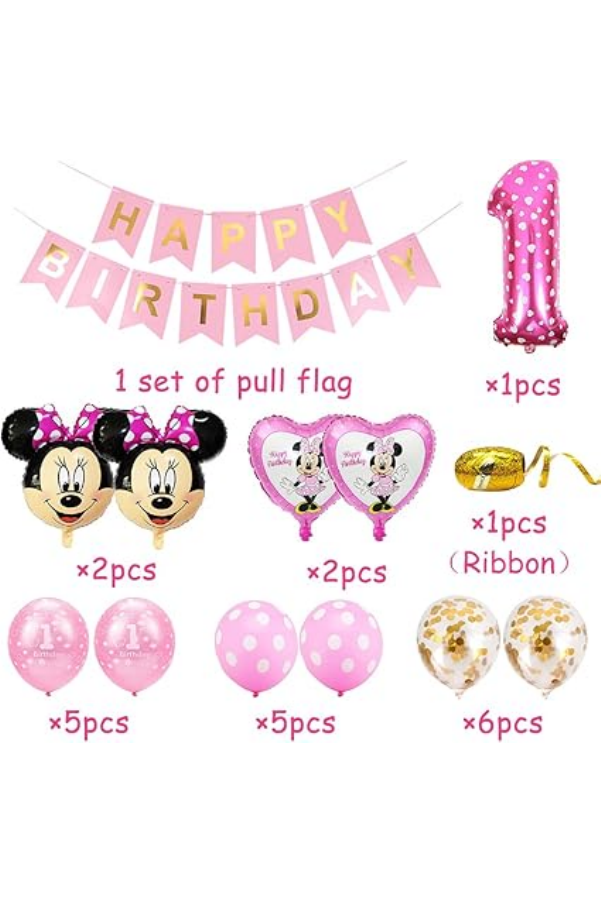 Set Decorațiuni Aniversare Tematică Minnie, Ideal pentru zi de nastere 1 an sau Baby Shower, Roz [2]