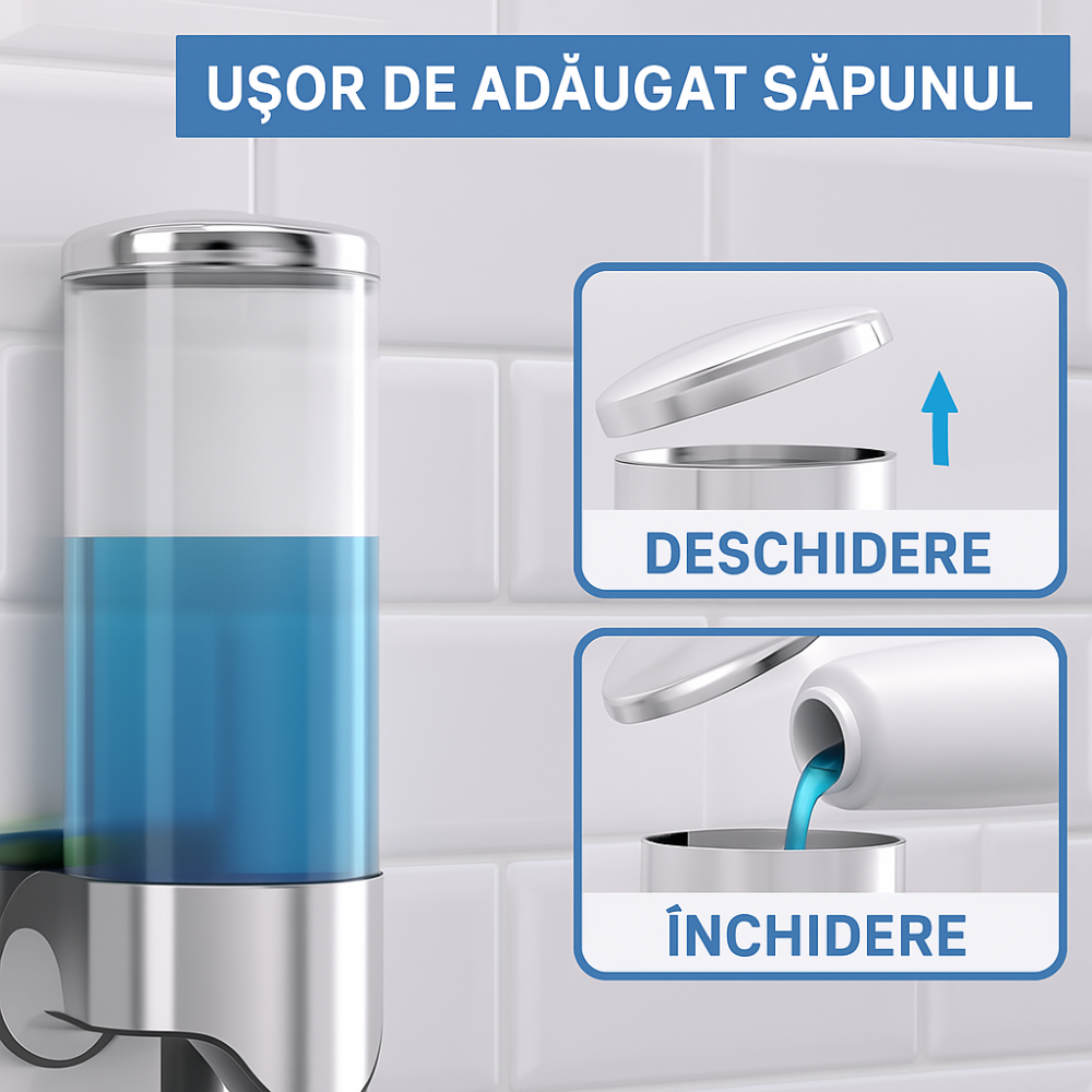 Set dispenser gel de dus, sampon, sapun lichid, balsam sau conditioner pentru baie, bucatarie, hotel, 2 X 500 ml, culoare Argintiu/transparent [3]