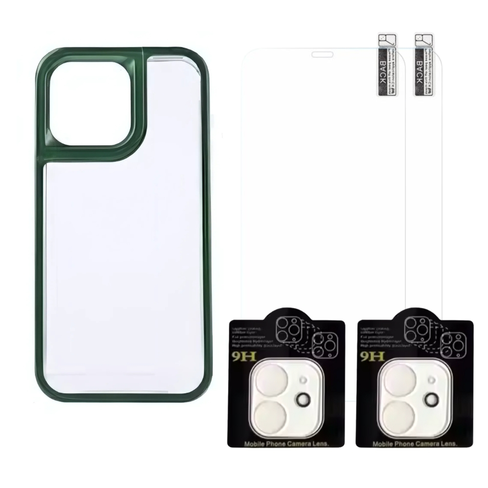 Set Husa iPhone 12 cu Bumper din Silicon Verde Inchis si Spate Transparent + 2 Folii Ecran + 2 Folii Camera [1]