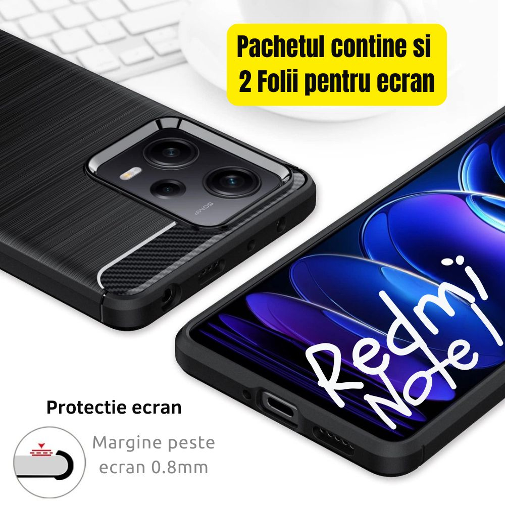 Husa Xiaomi Redmi Note 12 Pro 5G / Poco X5 Pro 5G carbon soft + 2 folii sticla 9H, negru [3]