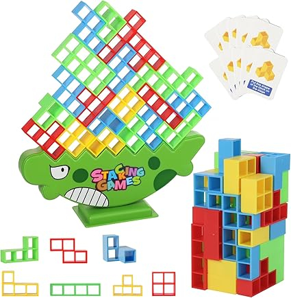 Set Joc de Echilibru 64 Piese, Tetratower Dino, Blocuri de Stivuire Colorate, Bază Dinosaur, Cărți de Joc, Pentru copii si adulti [1]