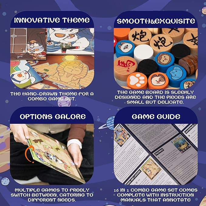 Set Jocuri Lingle 16 în 1, Șah, Dame, Table, X și 0, Go, Pachinko, Vulpea și Gâștele, Șerpi și Scări și Altele, 5 Plăci cu fata dubla, Compact și Educațional [7]