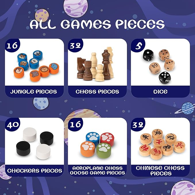 Set Jocuri Lingle 16 în 1, Șah, Dame, Table, X și 0, Go, Pachinko, Vulpea și Gâștele, Șerpi și Scări și Altele, 5 Plăci cu fata dubla, Compact și Educațional [4]