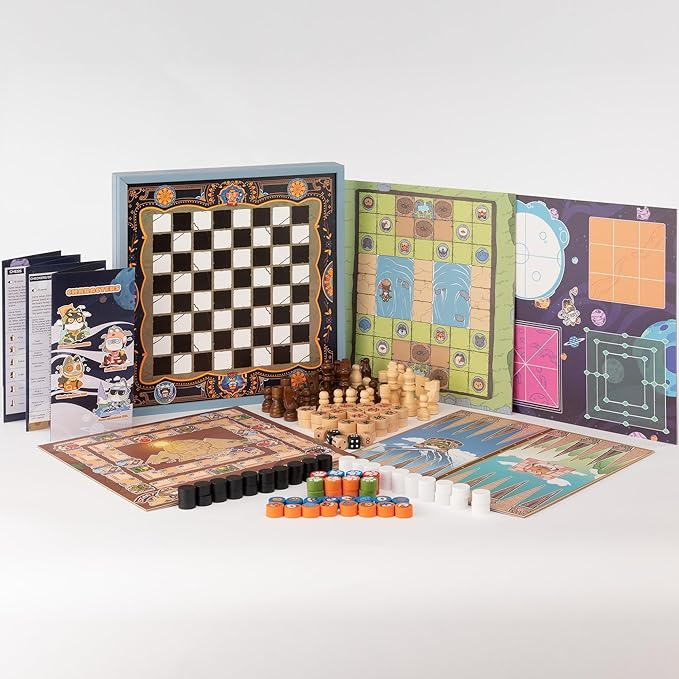 Set Jocuri Lingle 16 în 1, Șah, Dame, Table, X și 0, Go, Pachinko, Vulpea și Gâștele, Șerpi și Scări și Altele, 5 Plăci cu fata dubla, Compact și Educațional [3]