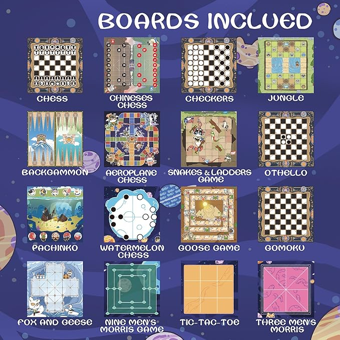 Set Jocuri Lingle 16 în 1, Șah, Dame, Table, X și 0, Go, Pachinko, Vulpea și Gâștele, Șerpi și Scări și Altele, 5 Plăci cu fata dubla, Compact și Educațional [8]