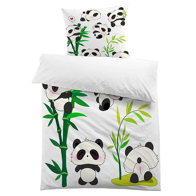 Set lenjerie copii cu panda MUSOLEI single 135x200 cm, față de pernă 50x80 cm, design 3D cu bambuși, poliester microfibră moale, cu fermoar, alb negru [7]