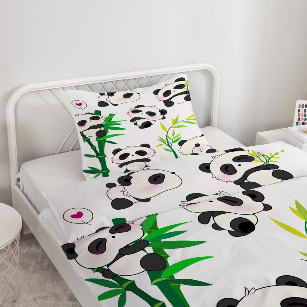 Set lenjerie copii cu panda MUSOLEI single 135x200 cm, față de pernă 50x80 cm, design 3D cu bambuși, poliester microfibră moale, cu fermoar, alb negru [4]
