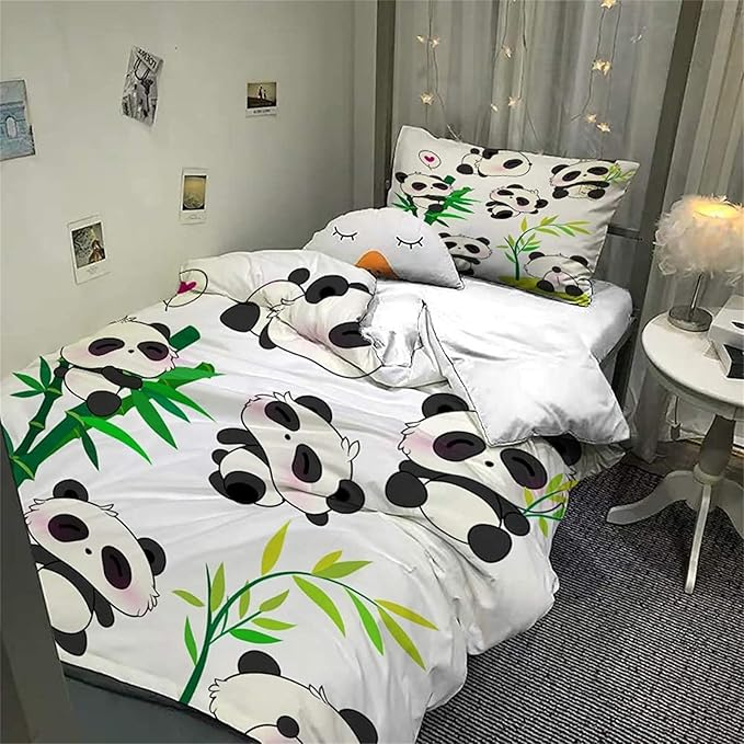Set lenjerie copii cu panda MUSOLEI single 135x200 cm, față de pernă 50x80 cm, design 3D cu bambuși, poliester microfibră moale, cu fermoar, alb negru [3]