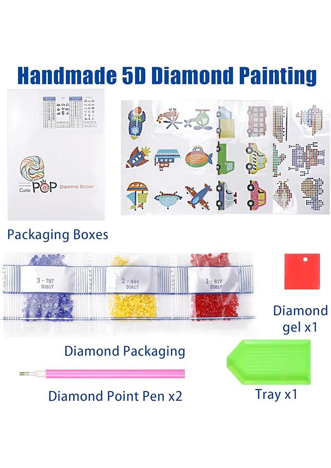 Set pictura cu diamante 5D pentru Copii – 27 Stickere Mozaic DIY cu Tematică Transport, Artă Creativă cu Diamante [2]
