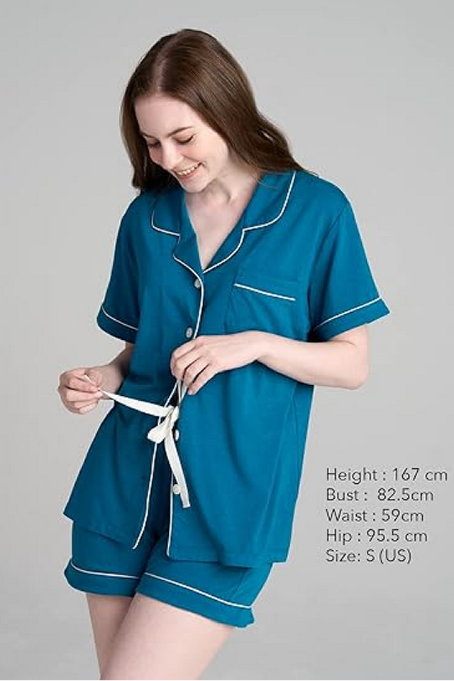 Set Pijama Damă, Bluză și Pantaloni, Croială Lejeră și Confortabilă, LAPASA, L100, verde paun, marime S [5]