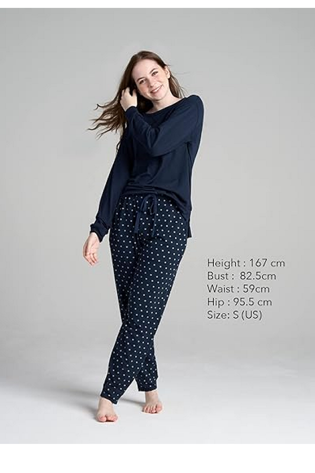 Set Pijama Damă, Bluză și Pantaloni, Croială Lejeră și Confortabilă, LAPASA, L110, navy blue, marime XS [4]