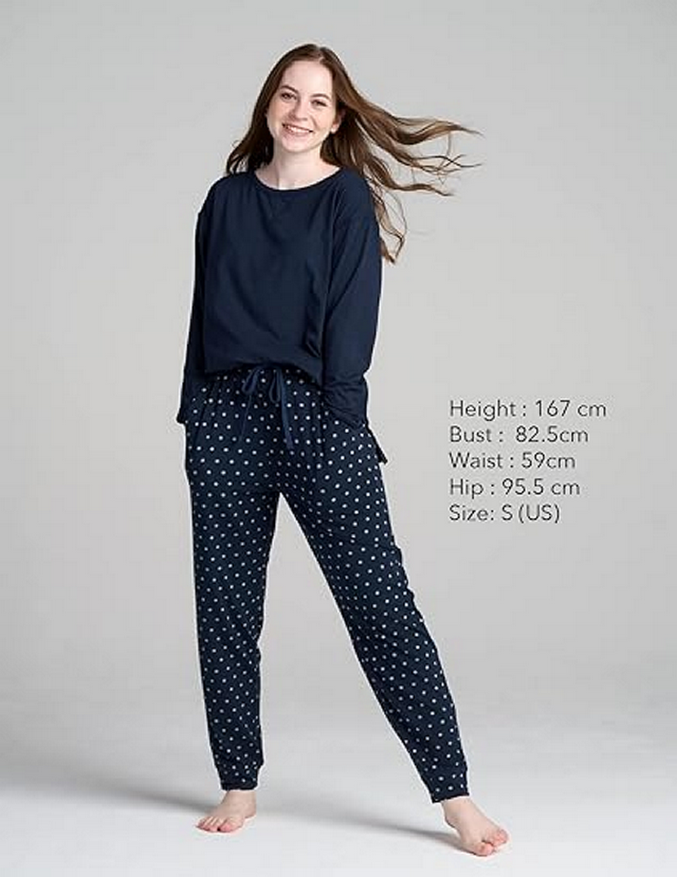 Set Pijama Damă, Bluză și Pantaloni, Croială Lejeră și Confortabilă, LAPASA, L110, navy blue, marime XS [2]