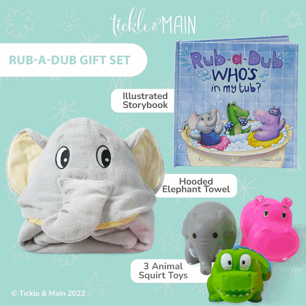 Set Prosop de Baie din bumbac cu Gluga pentru Bebelusi 80x80 cm, model elefant, 3 jucarii si o carte de povesti in limba engleza [2]