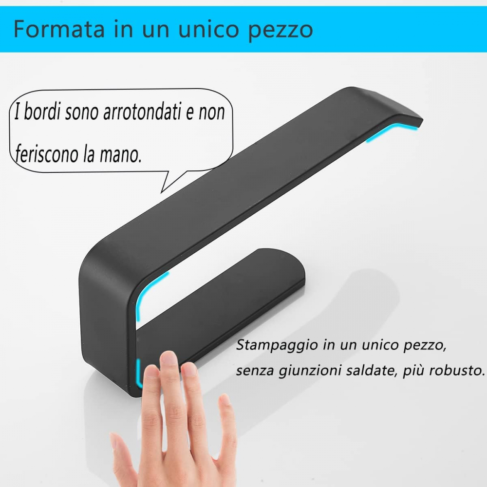 Set Suport Hârtie Igienică si 2 Cârlige, Autoadeziv TUOHBOVA, Aluminiu, Montare Fără Găurire, Negru [3]
