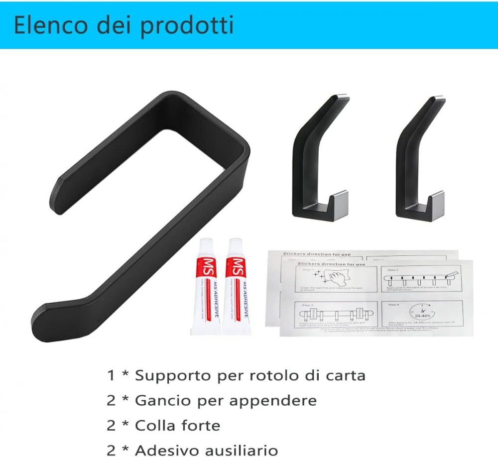 Set Suport Hârtie Igienică si 2 Cârlige, Autoadeziv TUOHBOVA, Aluminiu, Montare Fără Găurire, Negru [5]