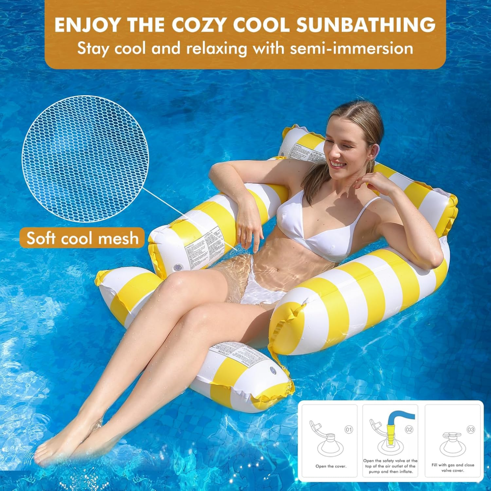 Șezlong Gonflabil Plutitor pentru Piscină, pentru Adulți și Copii, Model în Dungi, galben/alb, 122 x 122 cm [5]