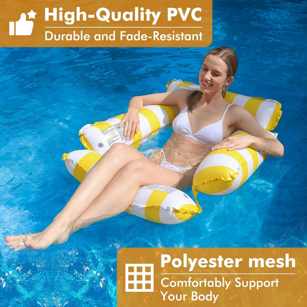 Șezlong Gonflabil Plutitor pentru Piscină, pentru Adulți și Copii, Model în Dungi, galben/alb, 122 x 122 cm [2]