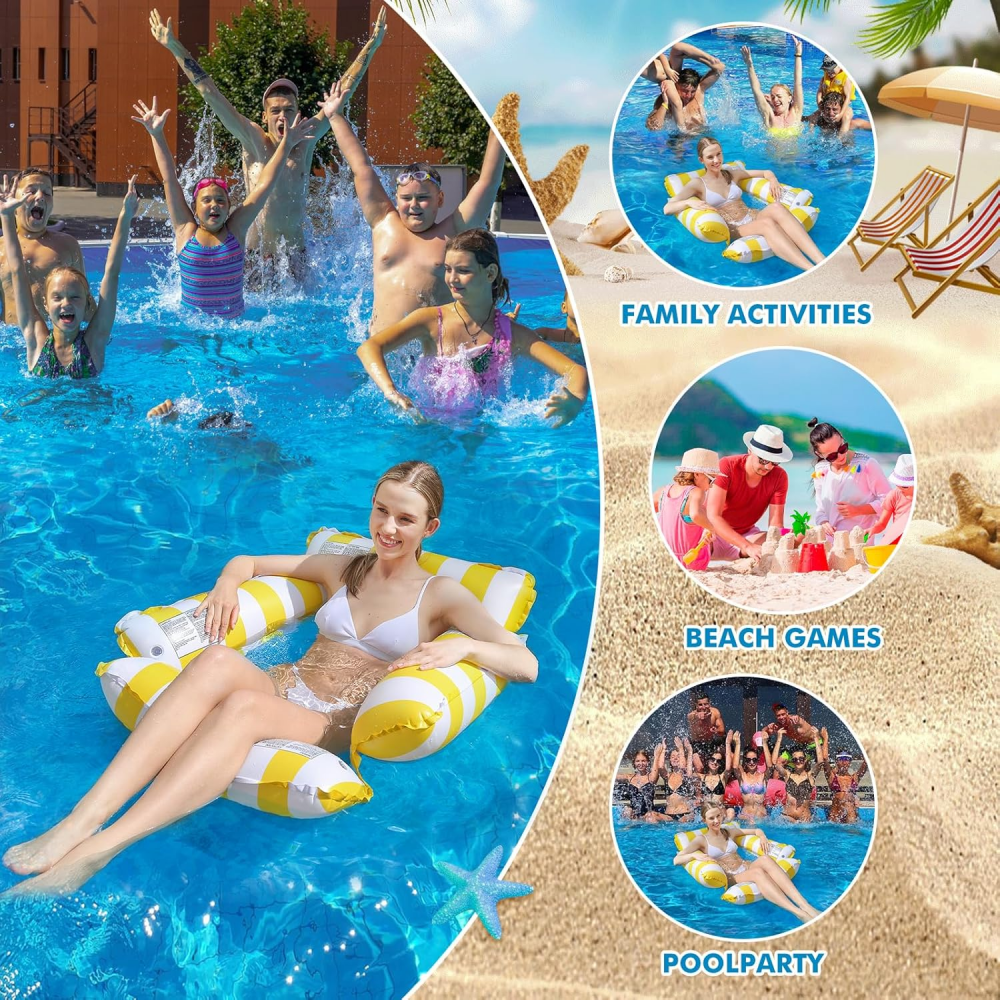 Șezlong Gonflabil Plutitor pentru Piscină, pentru Adulți și Copii, Model în Dungi, galben/alb, 122 x 122 cm [6]
