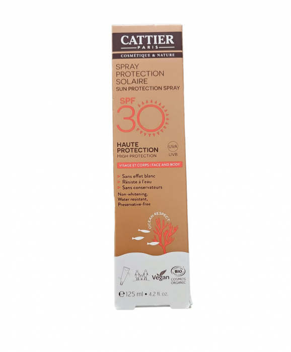 Spray de protectie solara organic, pentru fata si pe corp, rezistent la apa, fara efect alb, Cattier, SPF 30, 125 ml [2]