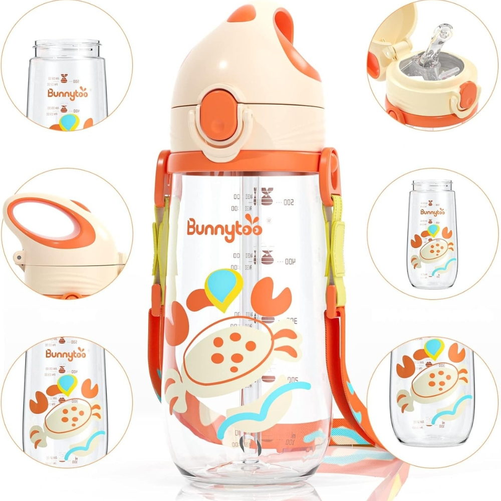 Sticla de Apa pentru Copii, cu Pai, Gradatie, Etansare, cu Maner ergonomic si Banda reglabila, Fara scurgeri, Fara BPA, Portocaliu, 550 ml [4]