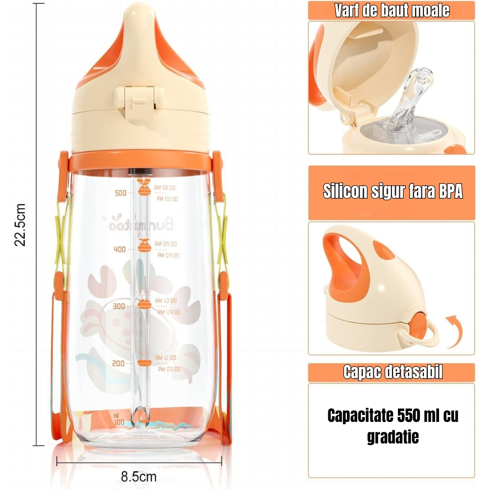 Sticla de Apa pentru Copii, cu Pai, Gradatie, Etansare, cu Maner ergonomic si Banda reglabila, Fara scurgeri, Fara BPA, Portocaliu, 550 ml [2]