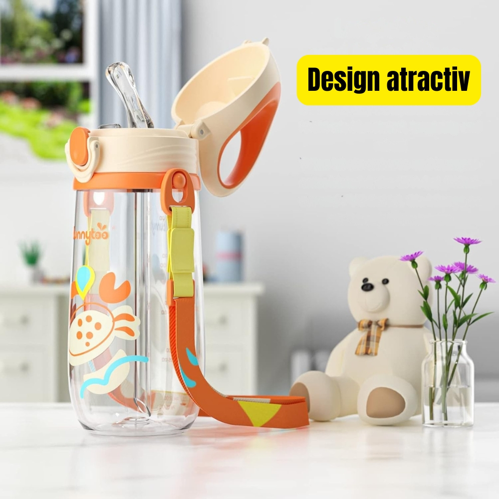 Sticla de Apa pentru Copii, cu Pai, Gradatie, Etansare, cu Maner ergonomic si Banda reglabila, Fara scurgeri, Fara BPA, Portocaliu, 550 ml [3]