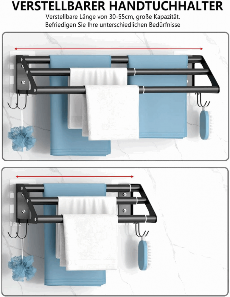 Suport de prosoape KeZaara, retractabil, metalic, negru, cu 4 cârlige, fără necesitatea de găuri pentru montare, T8ZP [6]