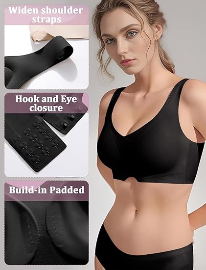 Sutien FEOYA, Fără Sârmă, Push-Up, Acoperire Completă, Ușor și Confortabil, Negru [3]